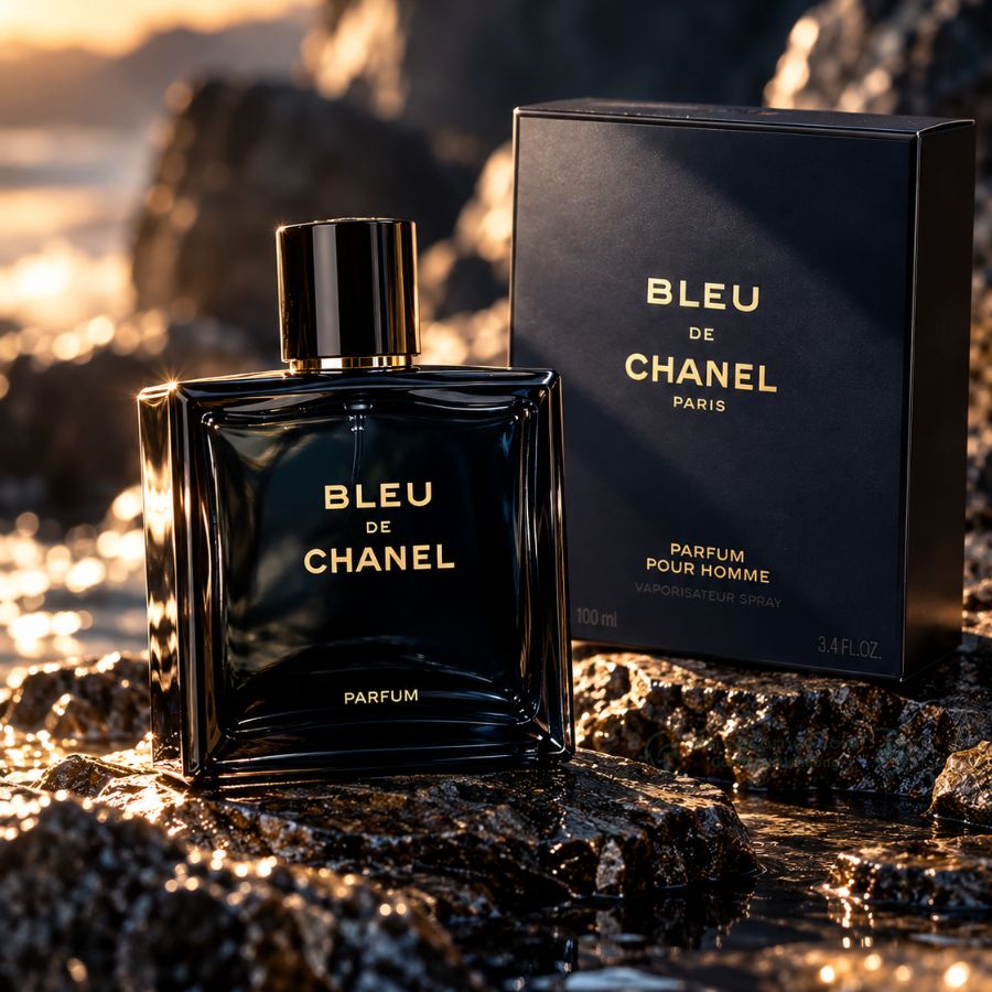 Điểm nhấn thiết kế Bleu de Chanel Parfum là tên, logo thương hiệu được mạ vàng sang trọng