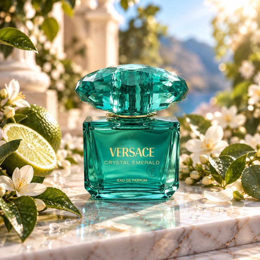 Versace Crystal Emerald EDP với sắc xanh lục bảo và thiết kế nắp chai đa diện như một viên đá quý