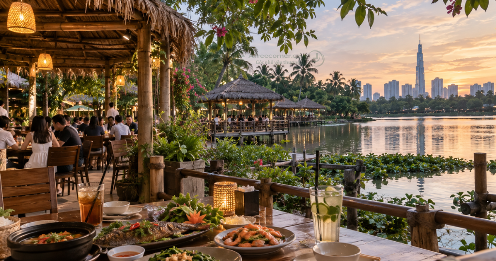 Bạn có thể vừa ăn uống vừa tận hưởng mặt nước, cây xanh và không khí thoáng đãng 