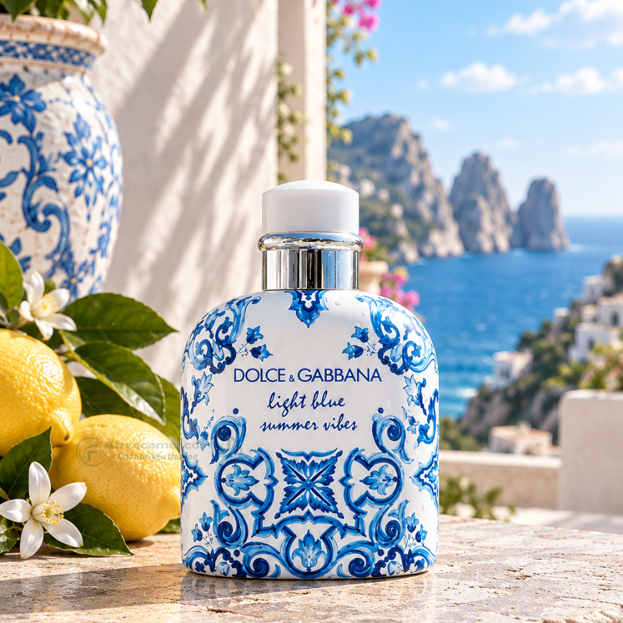 Thiết kế chai Light Blue Summer Vibes Pour Homme EDT nổi bật với họa tiết majolica xanh trắng