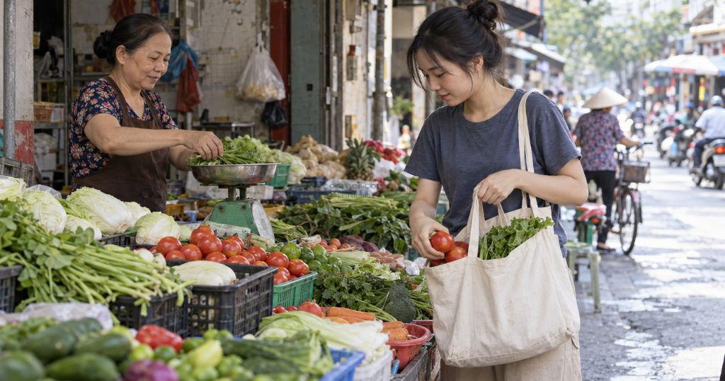 Nhiều bạn trẻ sống xanh bằng những hành động nhỏ như đi chợ bằng túi vải, hạn chế sử dụng túi nilon