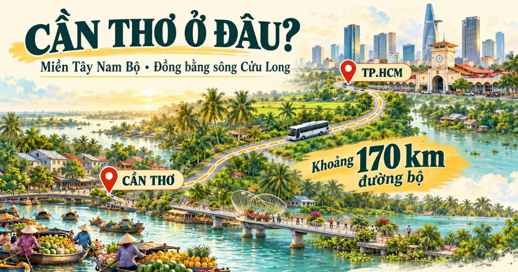 Cần Thơ nằm ở vùng Đồng bằng sông Cửu Long, thuộc miền Tây Nam Bộ