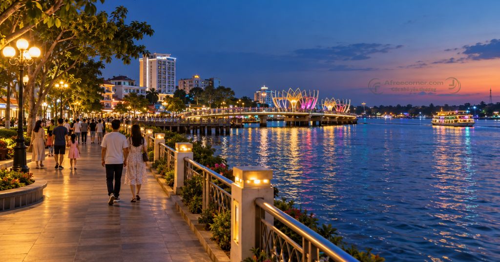 Đến khi trời tối, ánh đèn từ phố xá và những chiếc thuyền khiến cảnh ven sông có thêm nét thu hút riêng