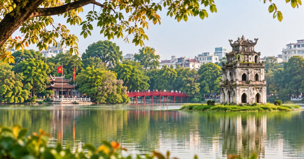 Bao quanh hồ Gươm là những hàng cây xanh mát, các công trình kiến trúc mang giá trị lịch sử