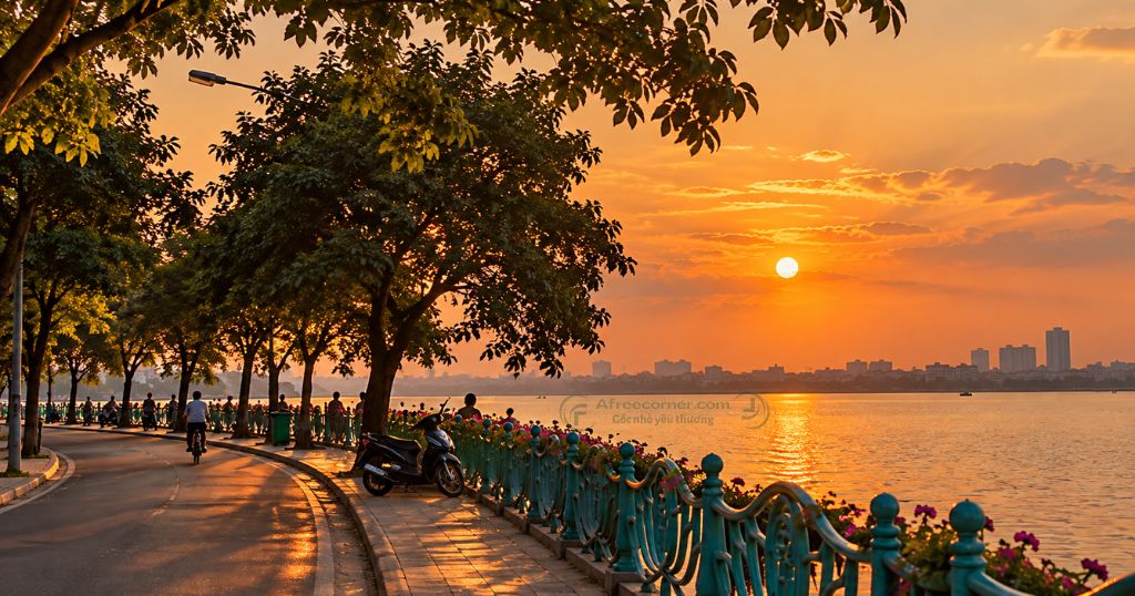 Hồ Tây với khung cảnh hoàng hôn lãng mạn, thu hút nhiều du khách đến đây khi đi du lịch Hà Nội